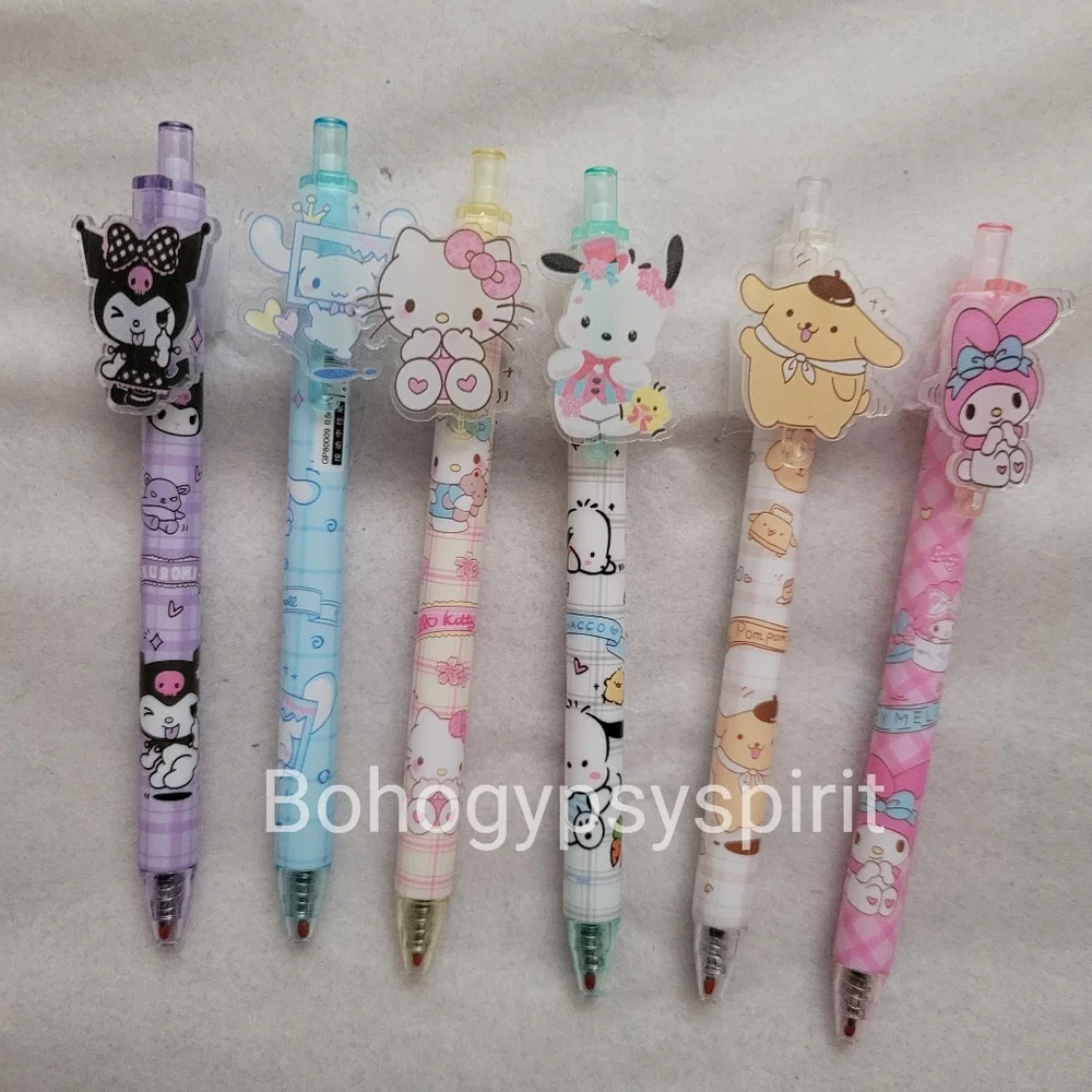 Set of 6, Hello Kitty & Friends Pens Sanrio Kuromi Melody Pom Cinnamoroll